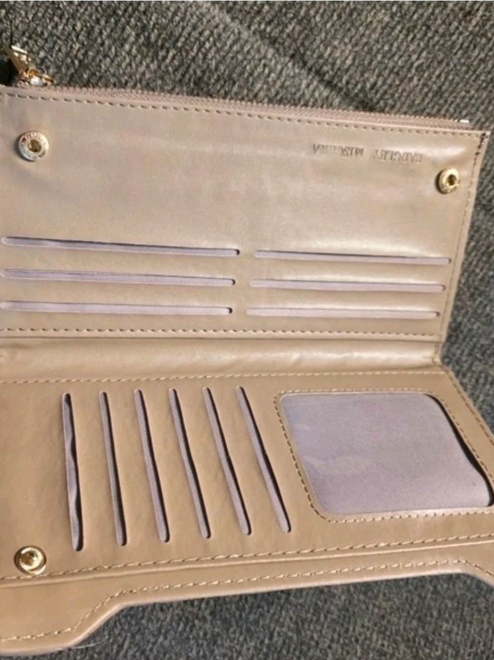 Badgley Mischka Quilted Zip Wallet in Lavender Gray with Gold Emblem - Picture 3 of 6